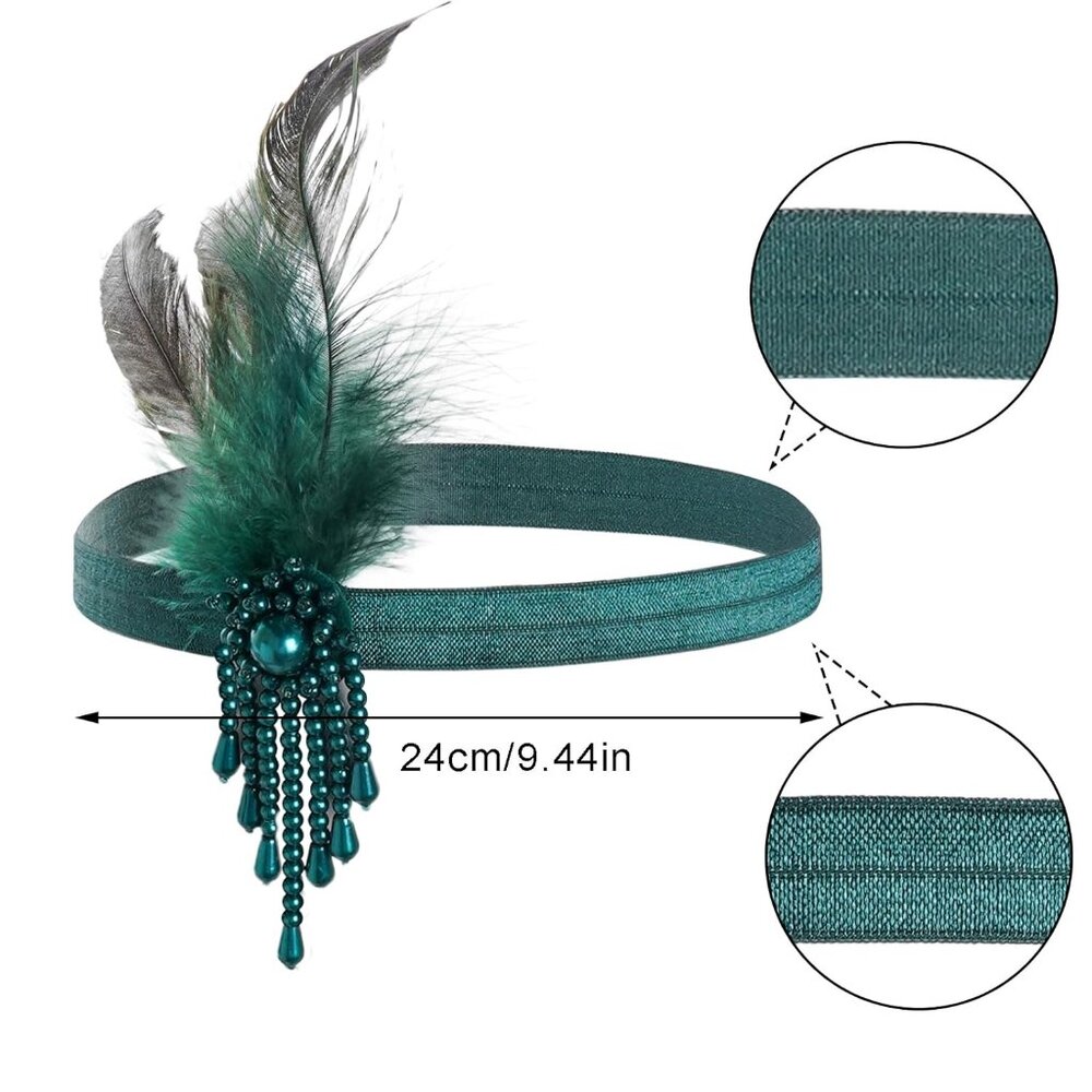 1 Pcs 1920s Flapper Headpiece Green Feather Headband Roaring 20s Gatsby Hair Acc - Picture 4 of 8